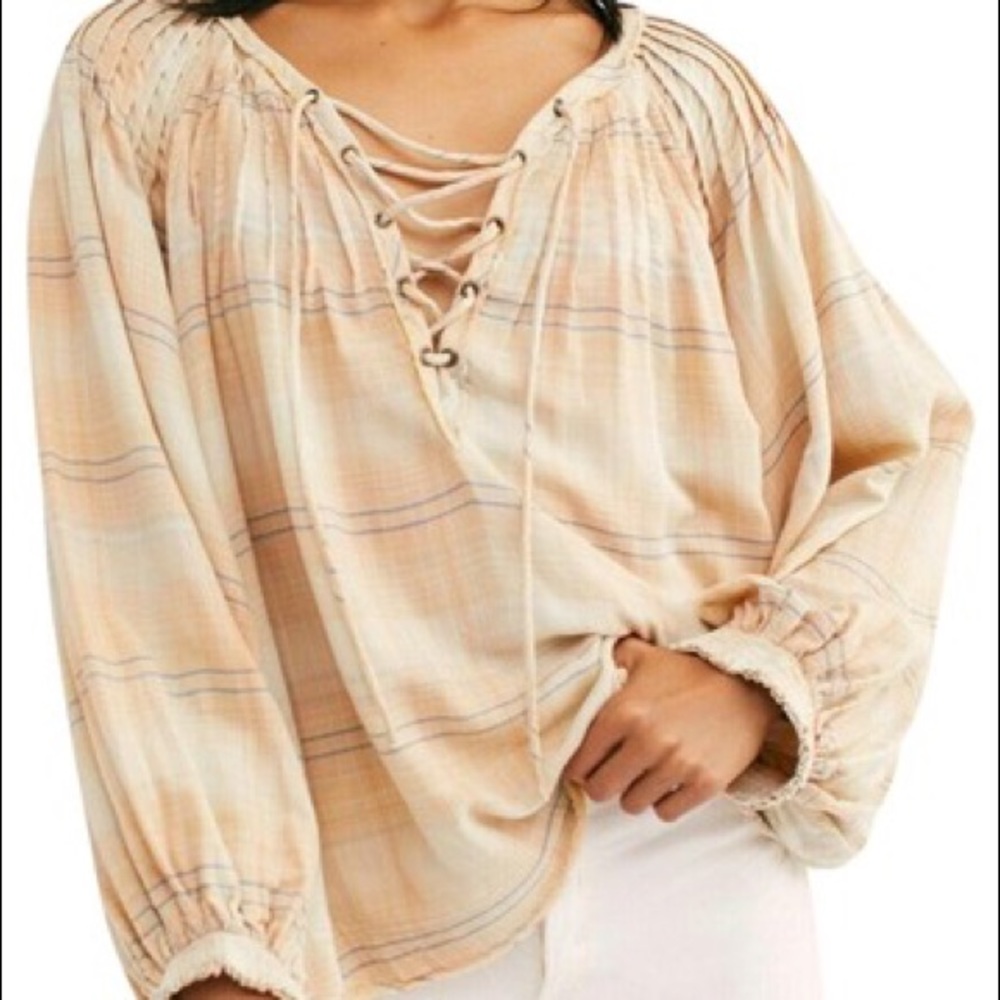 Free People We the Free White/Yellow Boho The Cloudbreaker Plaids Lace Blouse - Picture 4 of 11